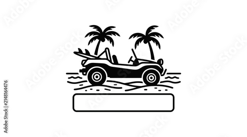 Black and white line art illustration of a dune buggy with a surfboard on a sandy beach with palm trees, evoking a summer vacation.