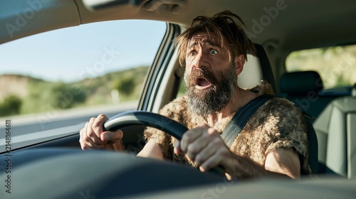 Primitive caveman driving modern car, experiencing shock and confusion, time travel concept