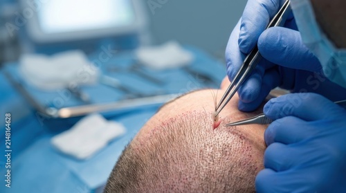 Hair transplantation procedure performed by surgeon in clinic