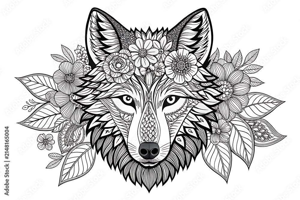 Fototapeta premium Wolf head with floral and leaf illustration
