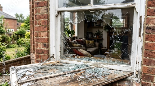 Broken Window Glass in Residential House Exterior After Vandalism or Accident, Home Damage and Repair Concept