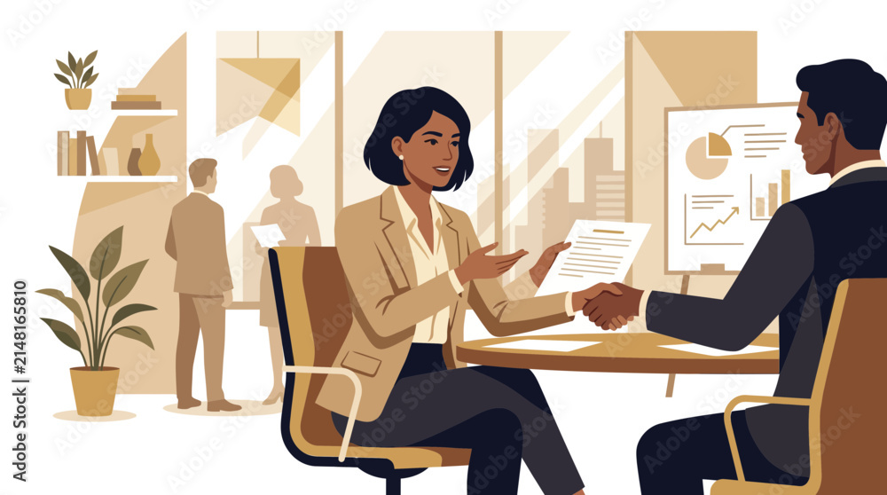 Fototapeta premium Business meeting handshake between diverse colleagues in modern office setting