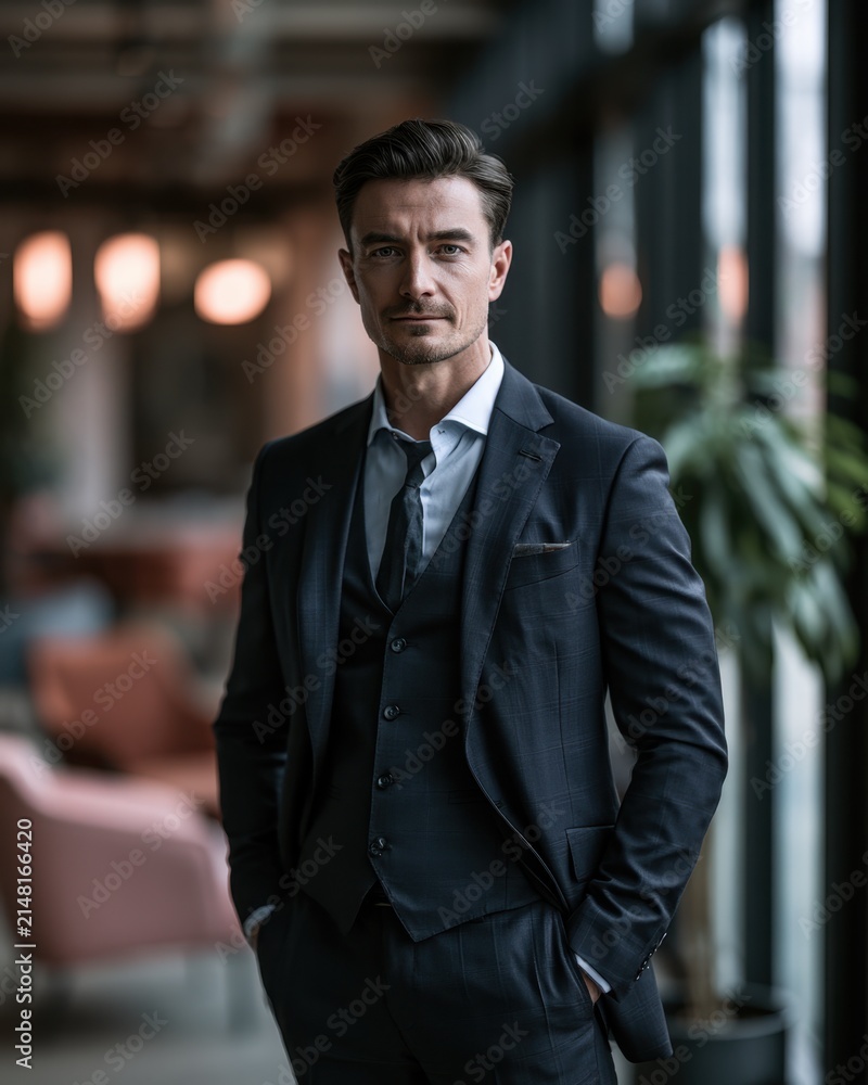 Fototapeta premium Businessman wearing a suit, posing confidently in a professional environment with soft natural light.