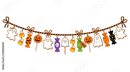 Cute Halloween candy garland with smiling ghosts, pumpkin lollipops, wrapped sweets and candy corn hanging on striped ribbon. Festive holiday decoration isolated on transparent background.
