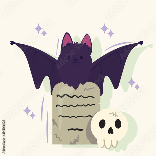 Cute illustration of a bat on a tombstone. Vector Halloween illustration.