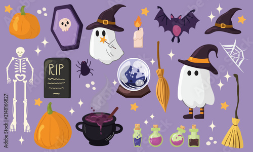 Set of Halloween elements: ghost, pumpkin, bat, and cat. Vector illustration in a hand-drawn style.