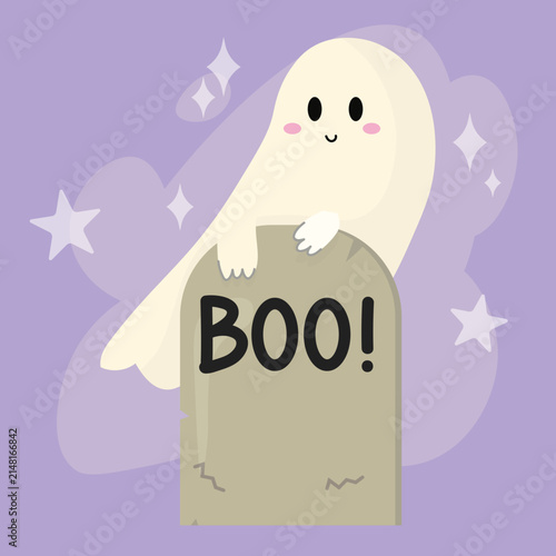 Cute illustration of a ghost in a tombstone. Vector Halloween illustration.