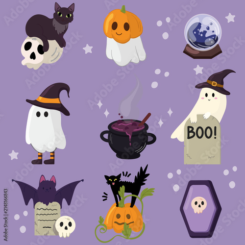 Set of Halloween elements: ghost, pumpkin, bat, and cat. Vector illustration in a hand-drawn style.
