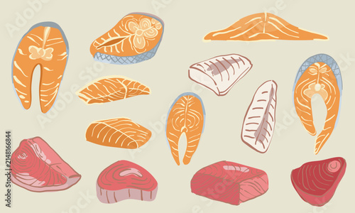Vector set of raw fish illustrations in a hand-drawn style