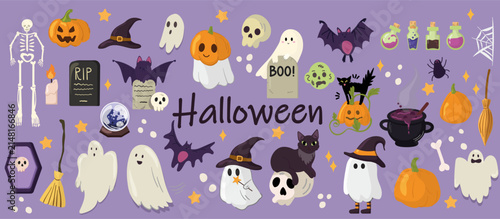 Set of Halloween elements: ghost, pumpkin, bat, and cat. Vector illustration in a hand-drawn style.