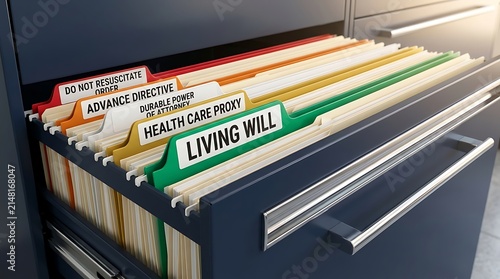 Legal documentation for estate planning with living will and advance directives in filing cabinet documents planning directives paperwork healthcare business insurance organization