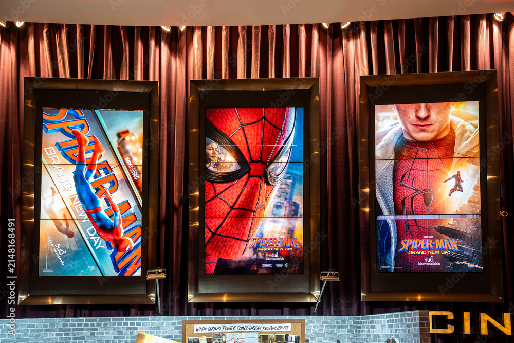 Fototapeta premium Bangkok, Thailand - August 3, 2025 : Billboard advertising the film Spider-Man: Brand New Day in the lobby of the Major Cineplex Siam Paragon.