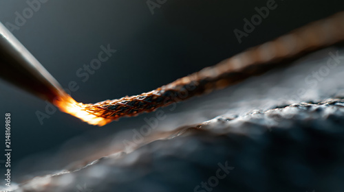 Burning fabric close up with flame, showing detailed texture and fibers in dramatic macro shot with dark background and warm light glow