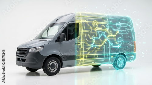 Grey Delivery Van Showing Digital Route Optimization and Smart Logistics Technology