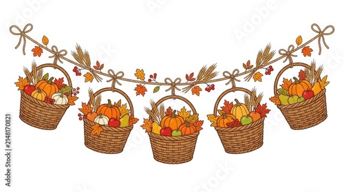 Thanksgiving harvest garland with baskets of pumpkins, apples, wheat and autumn leaves hanging on a rope. Cozy fall holiday decoration isolated on a white background.
