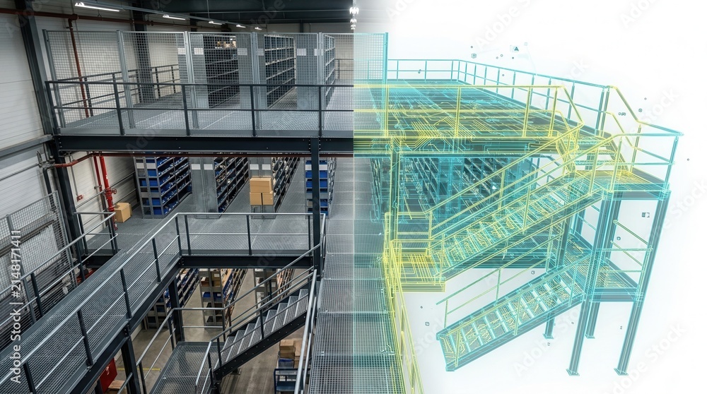 Obraz premium Digital Twin Warehouse Mezzanine Transitioning from Physical to Virtual Model