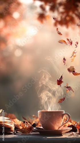 A steaming cup of coffee and an open book on the table, surrounded by autumn leaves in various shades of brown