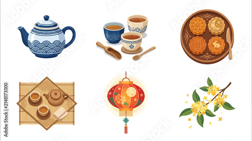 Traditional chinese tea and mooncake festive icons