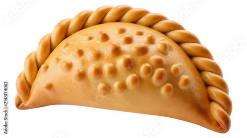 Golden brown baked empanada pastry isolated on white background