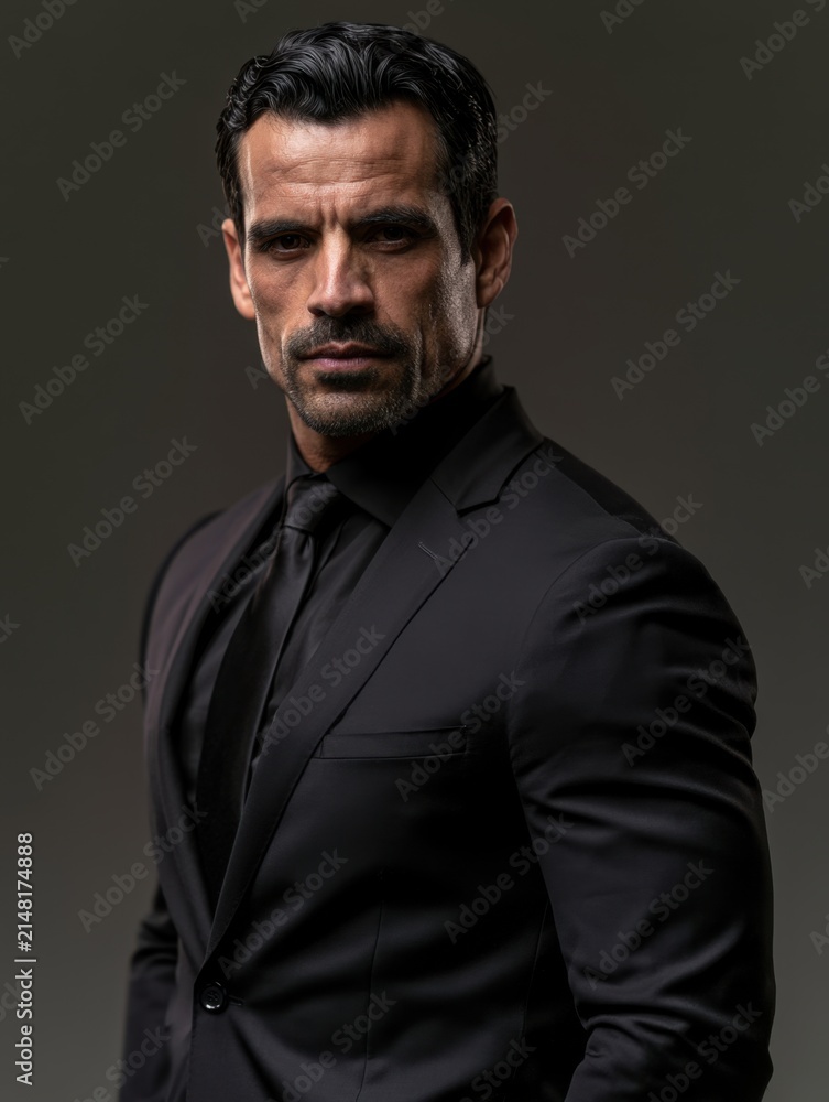 Fototapeta premium A confident Hispanic businessman wearing a black suit posed in a studio setting with soft lighting, highlighting sharp details and professional demeanor.
