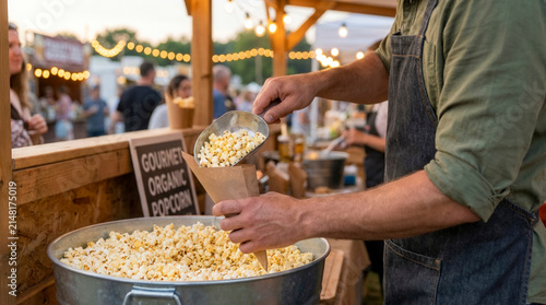 Worker scooping fresh popcorn at outdoor festival food stand, street food business and event entertainment