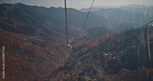 Aerial View of Cable Cars Over Autumnal Mountain Range