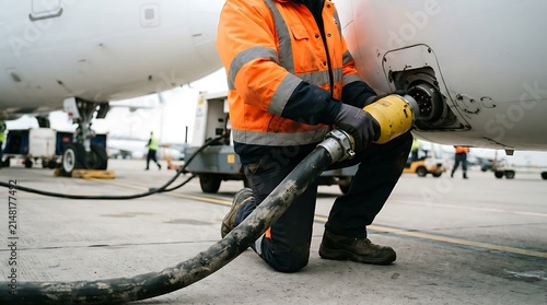 Airport ground crew refueling airplane with fuel hose on tarmac, aviation industry service, industrial operations, commercial transport.