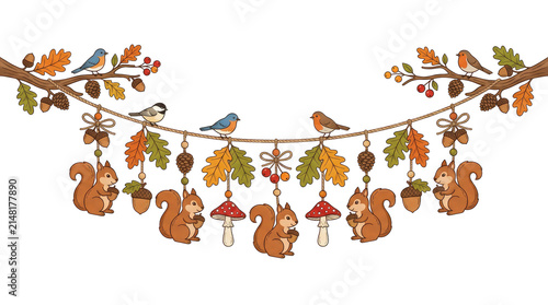 Cute woodland autumn garland with squirrels, birds, oak leaves, acorns, pinecones and mushrooms hanging on a rope. Cozy fall forest decoration isolated on transparent background.
