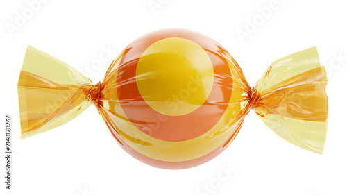 Wrapped orange and yellow round candy isolated on a white background