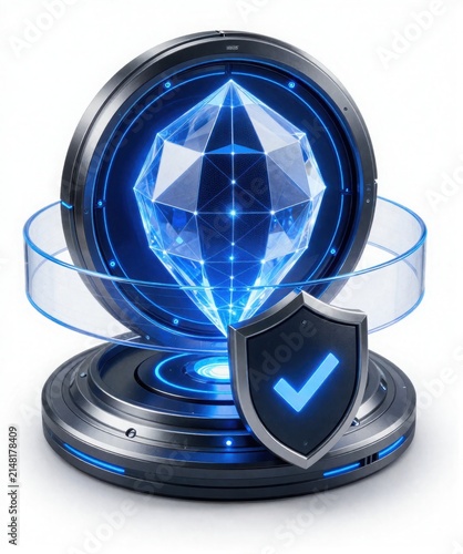 Futuristic blue holographic crystal security shield protection concept with glowing blue digital crystal encased futuristic protective shield checkmark