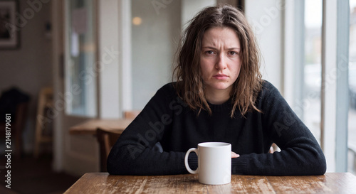 A young woman sitting at a wooden table with a coffee mug looking upset and stressed in an interior room.