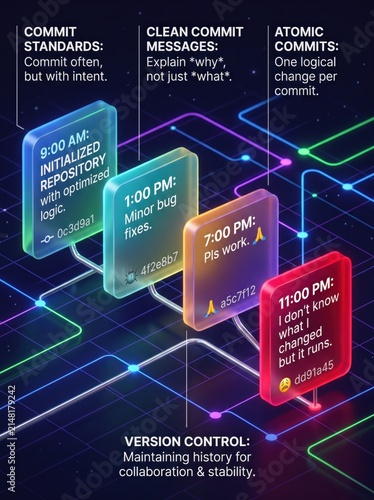 Naklejka Software version control infographic, git commit messages and standards illustration, isometric coding workflow on dark background