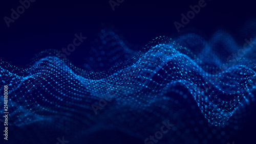Blue digital wave landscape with glowing dots, connected mesh lines and soft depth on a dark background. Abstract technology image for data flow, virtual network