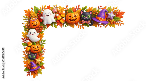 Cute Halloween floral corner border with smiling ghosts, black cats, pumpkins, candy corn, witch hats and colorful autumn leaves. Festive frame isolated on transparent background.