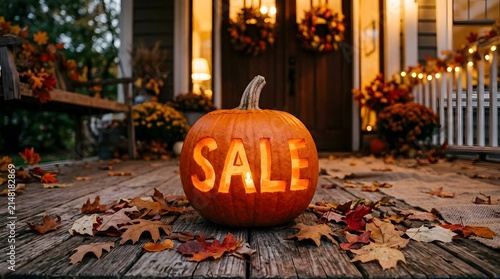 Jackolantern carved with the word sale on a wooden porch with autumn leaves and fall decorations