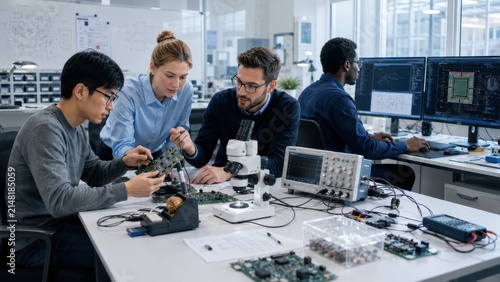 Group of diverse engineers collaborating on electronic circuit boards in a modern laboratory with computers and scientific equipment visible in the background