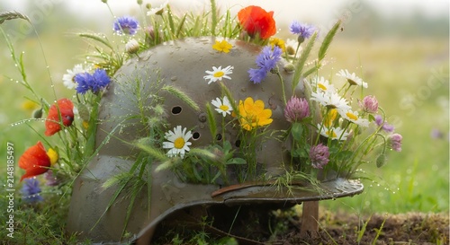 Rusty military helmet overgrown with colorful wild spring flowers in a green grassy field
