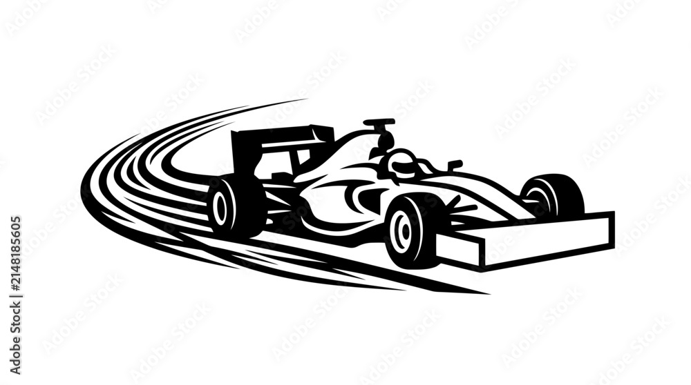 Fototapeta premium Formula 1 Race Car Vector Illustration Black F1 Racing Car Speed Trail Emblem Logo Isolated White Background