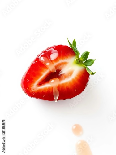 Strawberry slice with green leaves and juice drips on white background, dessert, summer
