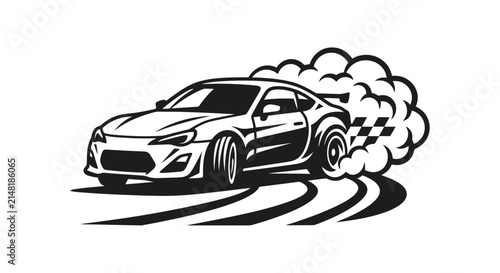 Drift Car Vector Illustration Black Sports Car Tire Smoke Race Logo Element Isolated White Background