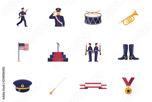 фотографія Military parade flat vector icons set, 12 patriotic army celebration elements, s