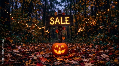 Halloween sale sign with a glowing jackolantern in an autumn forest