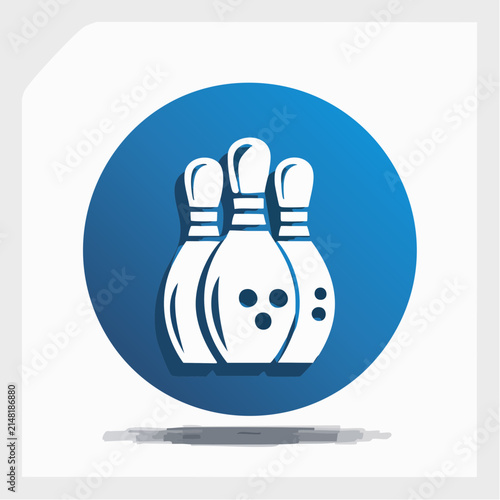 Blue rounded button with white bowling pins icon for sports and leisure design themes