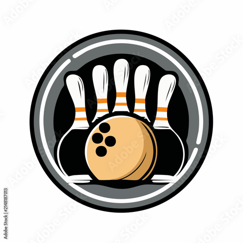 Vector icon of bowling ball and pins inside a round badge, perfect for sports design elements