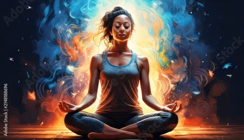 Woman in lotus position surrounded by vibrant energy, meditating peacefully.