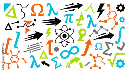 Konstfotografi Science and Math Symbols Pattern Background with Geometric Shapes and Icons