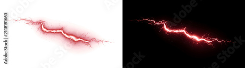 Bild auf Leinwand Red electric lightning bolt striking diagonally with sparking energy trails as i