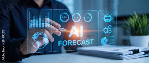 Business professional analyzing ai forecast data on a digital display highlighting trends and predictions for future technological advancements and industry impact.