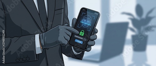Business professional engaging with a smartphone showcasing advanced digital security features highlighting the importance of technology and data protection in a contemporary office setting