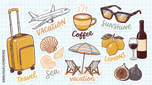 Summer vacation travel elements collection featuring hand drawn stickers with suitcase airplane seashells with themed stickers arranged